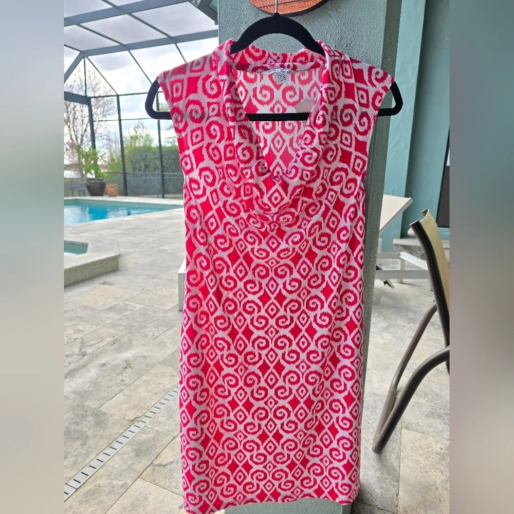🌴Tommy Bahama🌸Bimini Printed Cowlneck Sleeveless Shift Dress Red White XS - Picture 2 of 5